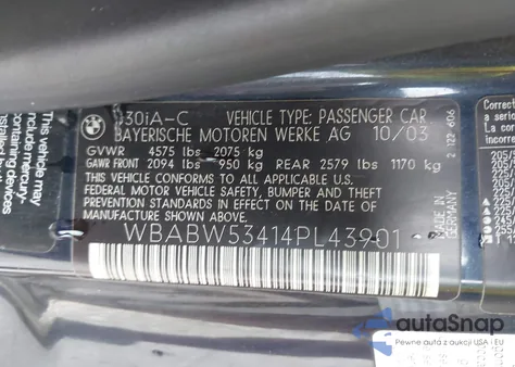 2004 BMW 330Ci из США, поврежденный, VIN WBABW53414PL43901